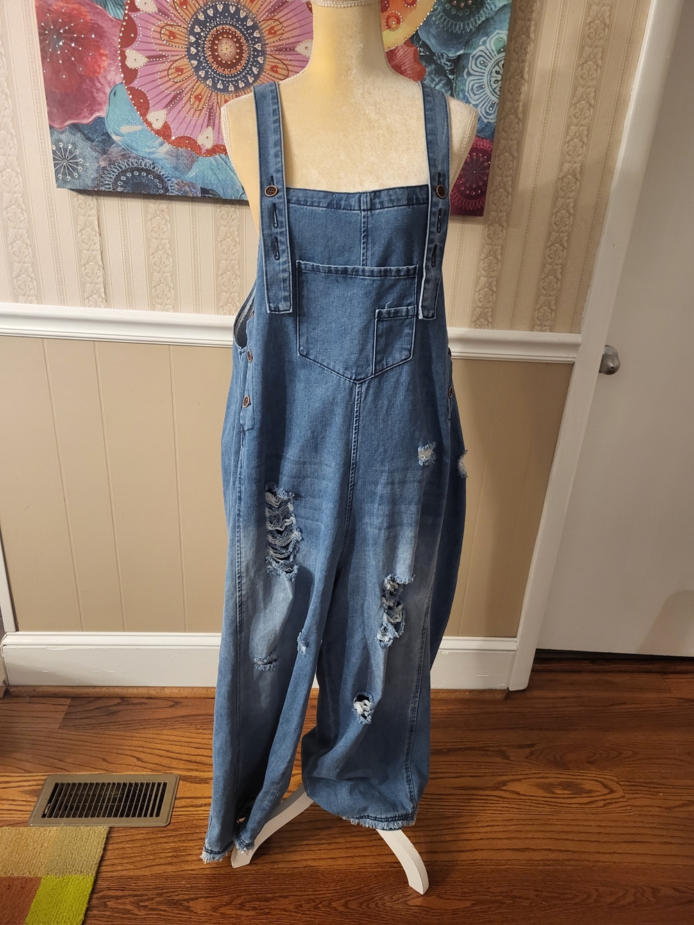 Source Unknown Blue Distressed Wide-Leg Denim Overalls